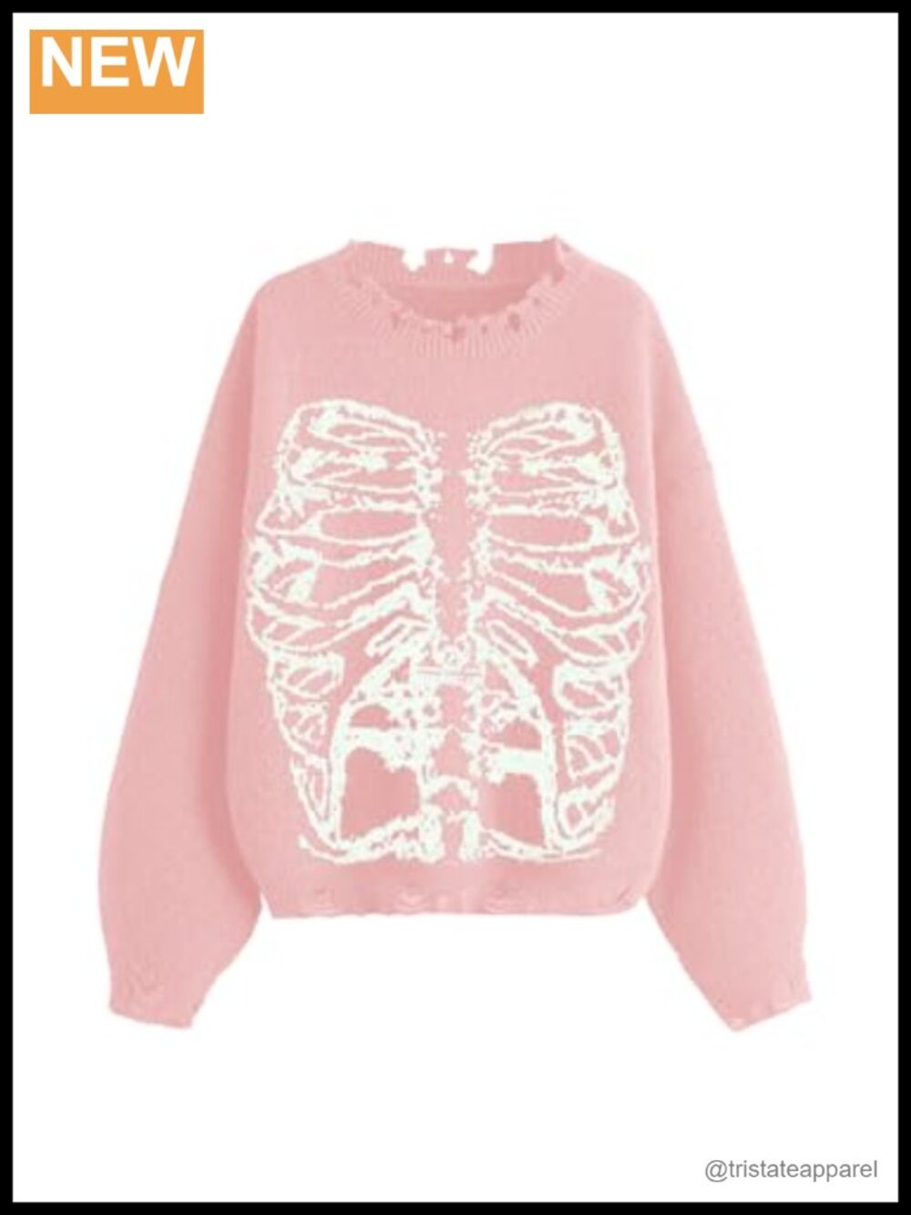 Oversized Chunky Knit Skeleton Pattern Ripped Pullover Sweater Crew Neck Long